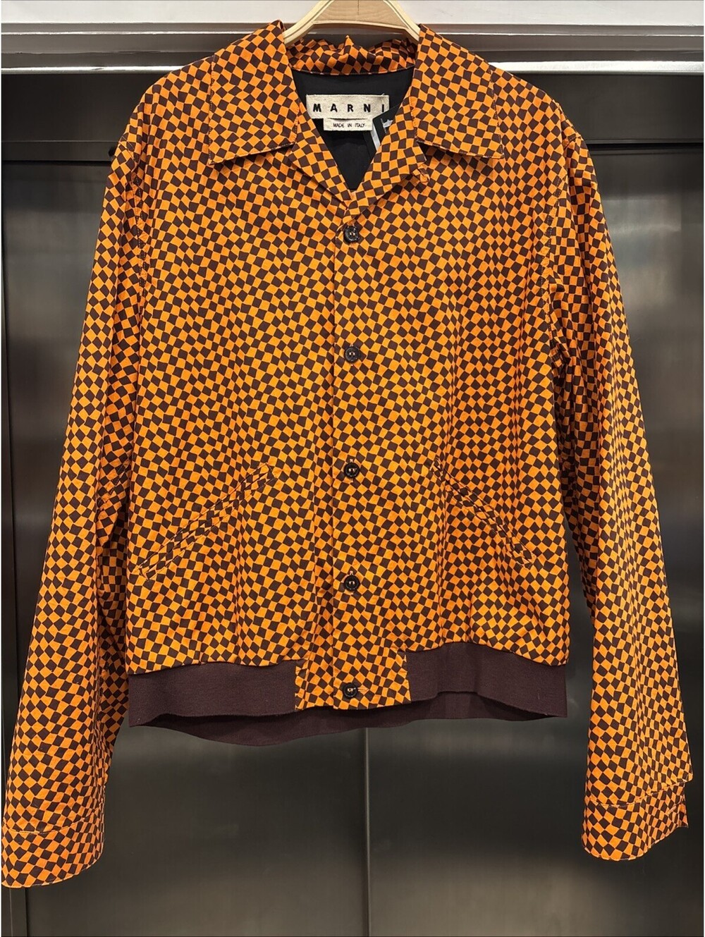 Woman’s Orange Marni Designer Checkerboard Button Up Shirt